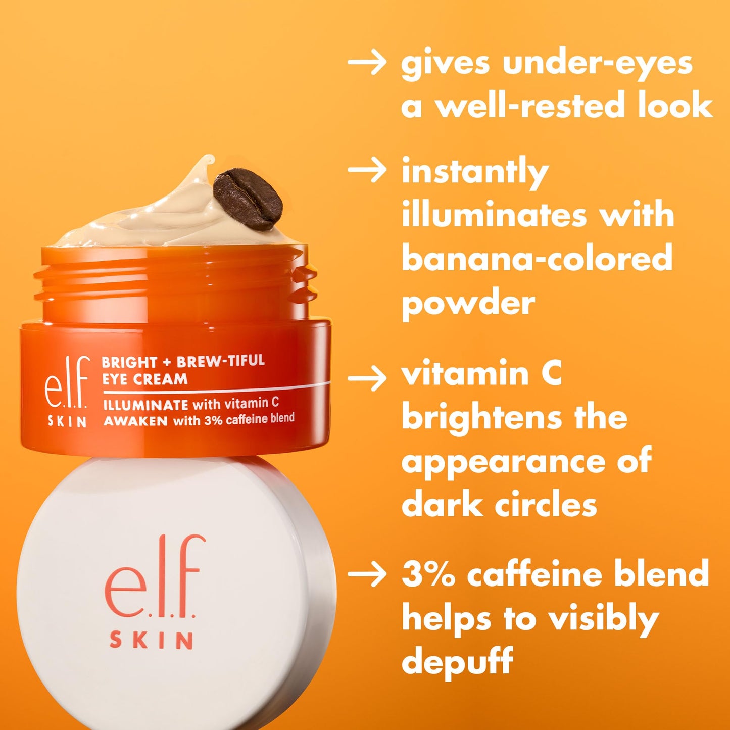 e.l.f. SKIN Bright + Brew-tiful Eye Cream - Brightening & De-puffing Caffeine Eye Treatment (Vegan & Cruelty-Free)