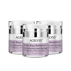 A set of 3 Agelyss Eye-Bag Cream tubes, a premium plant-based treatment for revitalizing and smoothing the under-eye area.