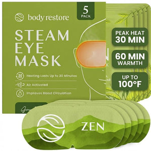 Body Restore 5-pack of green tea scented self-heating warm compress eye masks for refreshing eye relief.