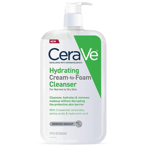 CeraVe Hydrating Cream-to-Foam Cleanser 19oz value size bottle with pump, a hydrating makeup remover for normal to dry skin.