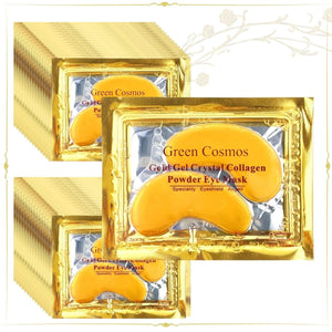 Green Cosmos 24k Gold Under Eye Patches, a jar containing 60 pieces (30 pairs) of gold crystal collagen gel masks for eye rejuvenation.