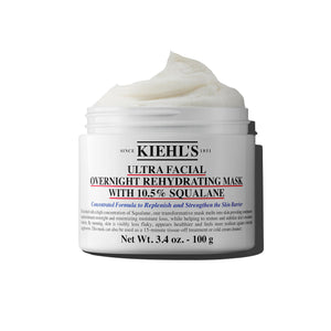Kiehl's Ultra Facial Overnight Hydrating Face Mask jar with 10.5% Squalane for deep nighttime moisture.