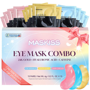 Compact gift box of 15 pairs of Maskiss Vegan Under Eye Patches in 3 different colors, perfect for gifting and travel.
