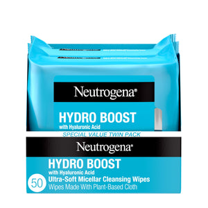 Neutrogena Hydro Boost Ultra-Soft Micellar Cleansing Wipes, two 25-count blue packages of hydrating face towels.