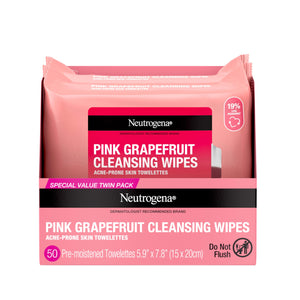 Neutrogena Pink Grapefruit Makeup Remover Cleansing Towelettes twin pack containing 50 total wipes for oily skin.