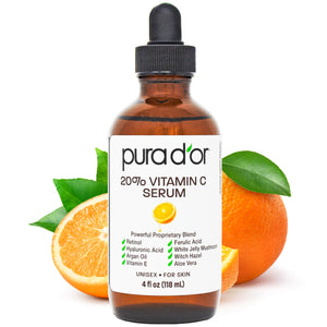PURA D'OR 20% Vitamin C Facial Serum 4oz blue bottle with pump, a high-potency antioxidant blend for daily skincare.
