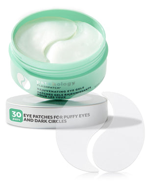 Patchology FlashPatch Rejuvenating Under Eye Gels in a professional 30-pair jar, featuring cooling hydrogel patches for instant eye revival.