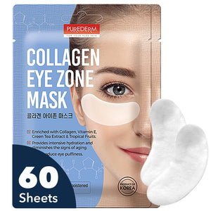 Purederm Deluxe Collagen Eye Mask 2-pack packaging, showing the moist collagen pads designed for under-eye wrinkle and dark circle care.