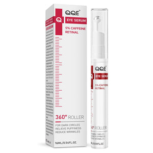 Retinol & Caffeine Eye Serum featuring a 360-degree cooling rollerball applicator for targeted under-eye treatment.