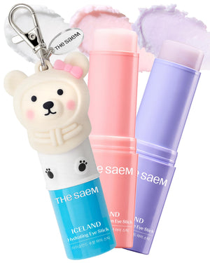 theSAEM Iceland Hydrating Eye Stick 3-Pack Gift Set featuring three different formulas and a limited edition cute bear keyring.