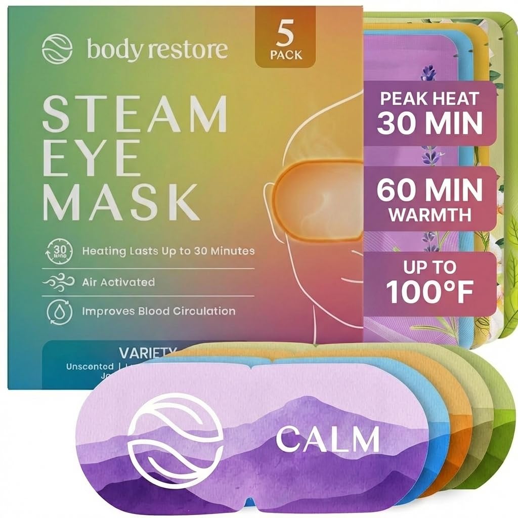 Body Restore 5-pack variety set of self-heating warm compress eye masks for relaxation and dry eye treatment.