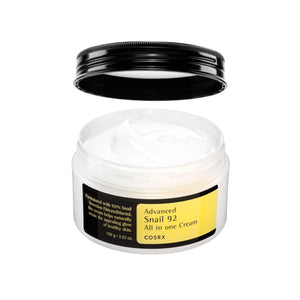 COSRX Advanced Snail 92 All-in-One Cream jar, a lightweight 92% snail mucin face moisturizer for a soft, glowy complexion.