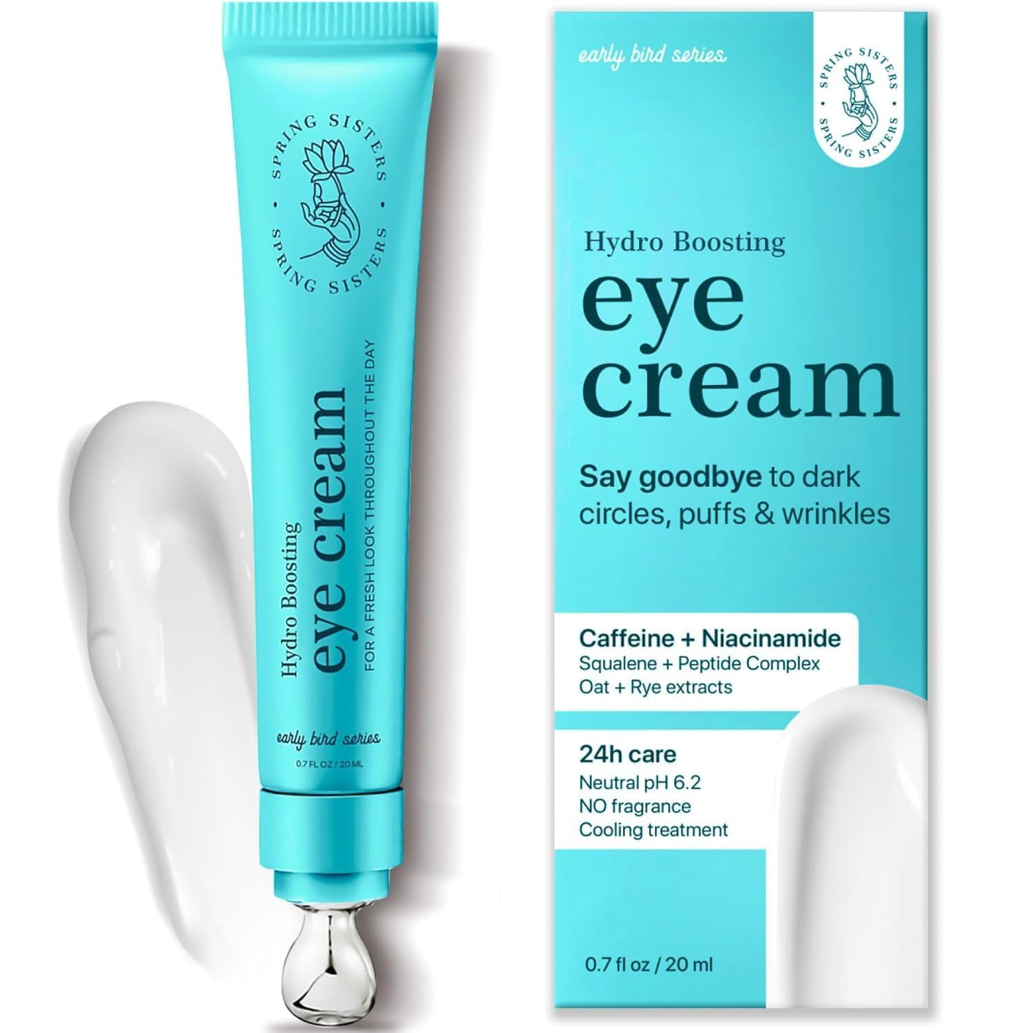 Caffeine Eye Cream tube with a silver Zinc Roller ball for cooling massage and depuffing.