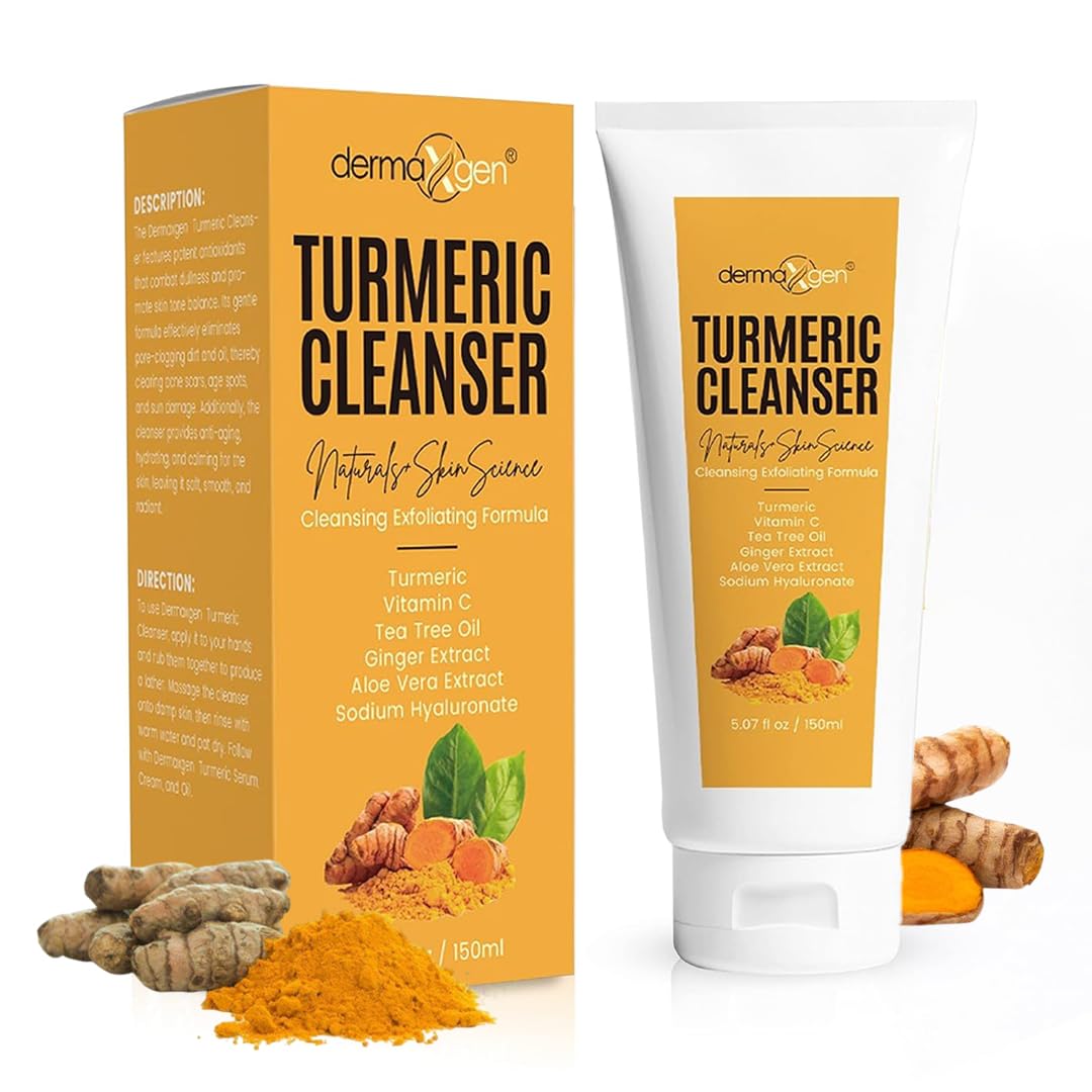 5 oz bottle of DERMAXGEN Turmeric Facial Cleanser, a natural exfoliating face wash for glowing skin and dark spot removal.