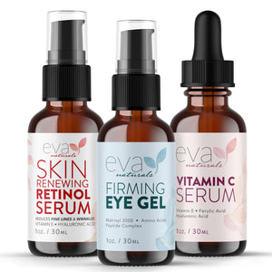 Eva Naturals 3-piece Facelift in a Bottle Set including Vitamin C serum, Retinol serum, and Peptide eye gel.