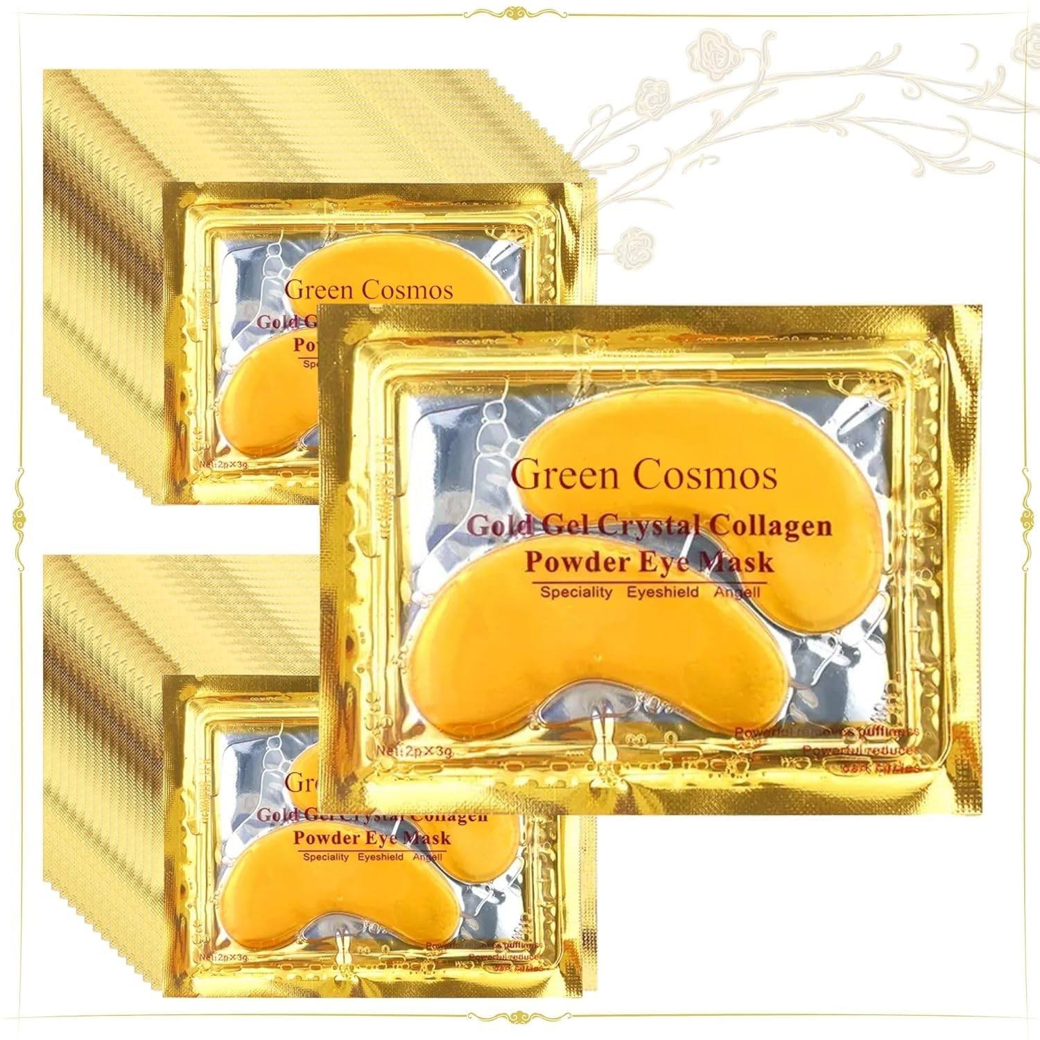 Green Cosmos 24k Gold Under Eye Patches, a jar containing 60 pieces (30 pairs) of gold crystal collagen gel masks for eye rejuvenation.