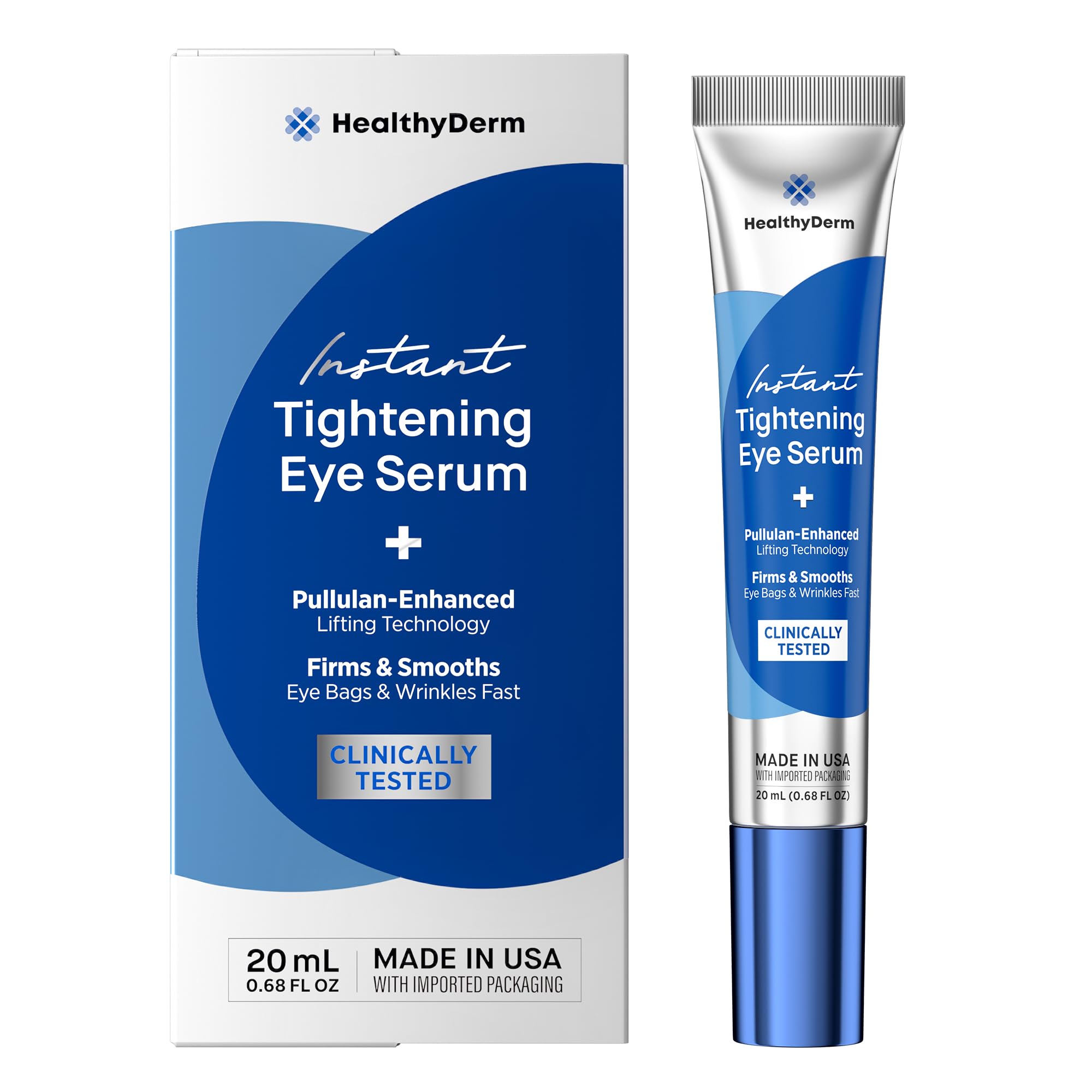 20ml bottle of HealthyDerm Instant Under Eye Lift Serum for reducing wrinkles and eye bags in minutes.