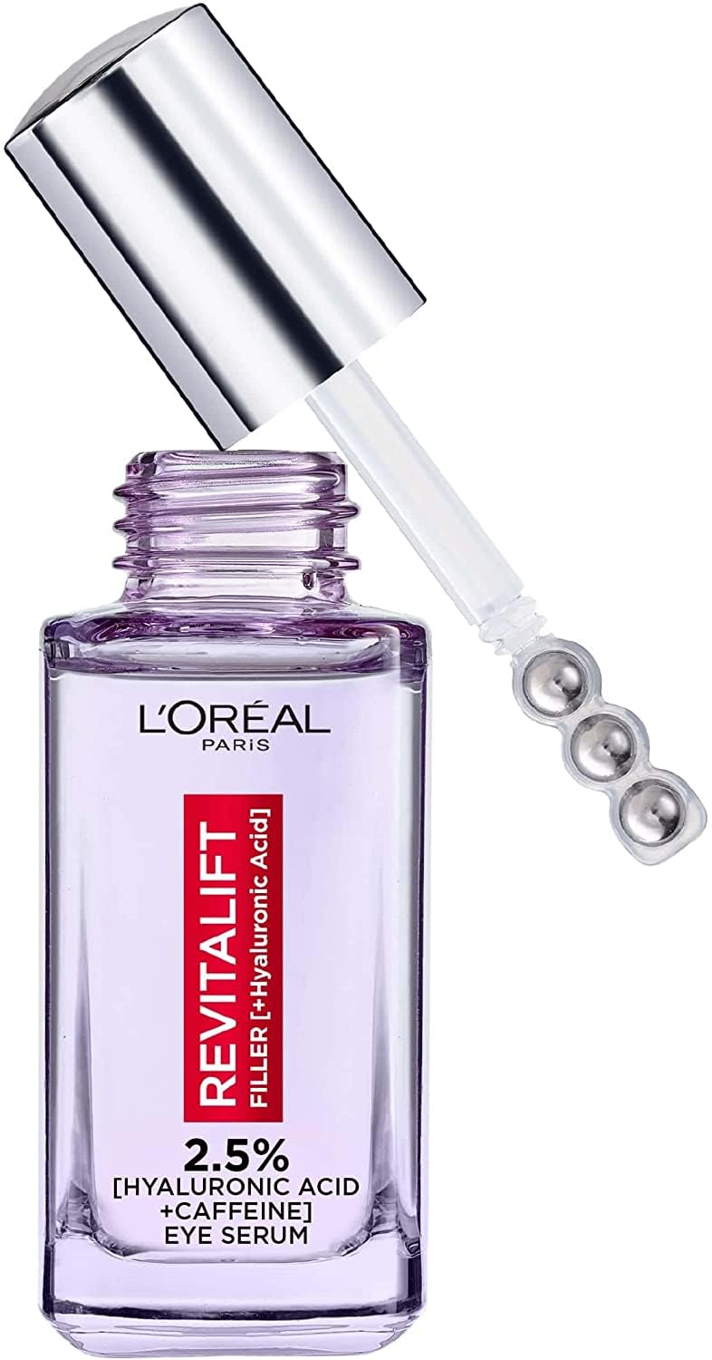 L’Oréal Paris Revitalift Filler Eye Serum Bottle with Triple Stainless Steel Rollerball Applicator