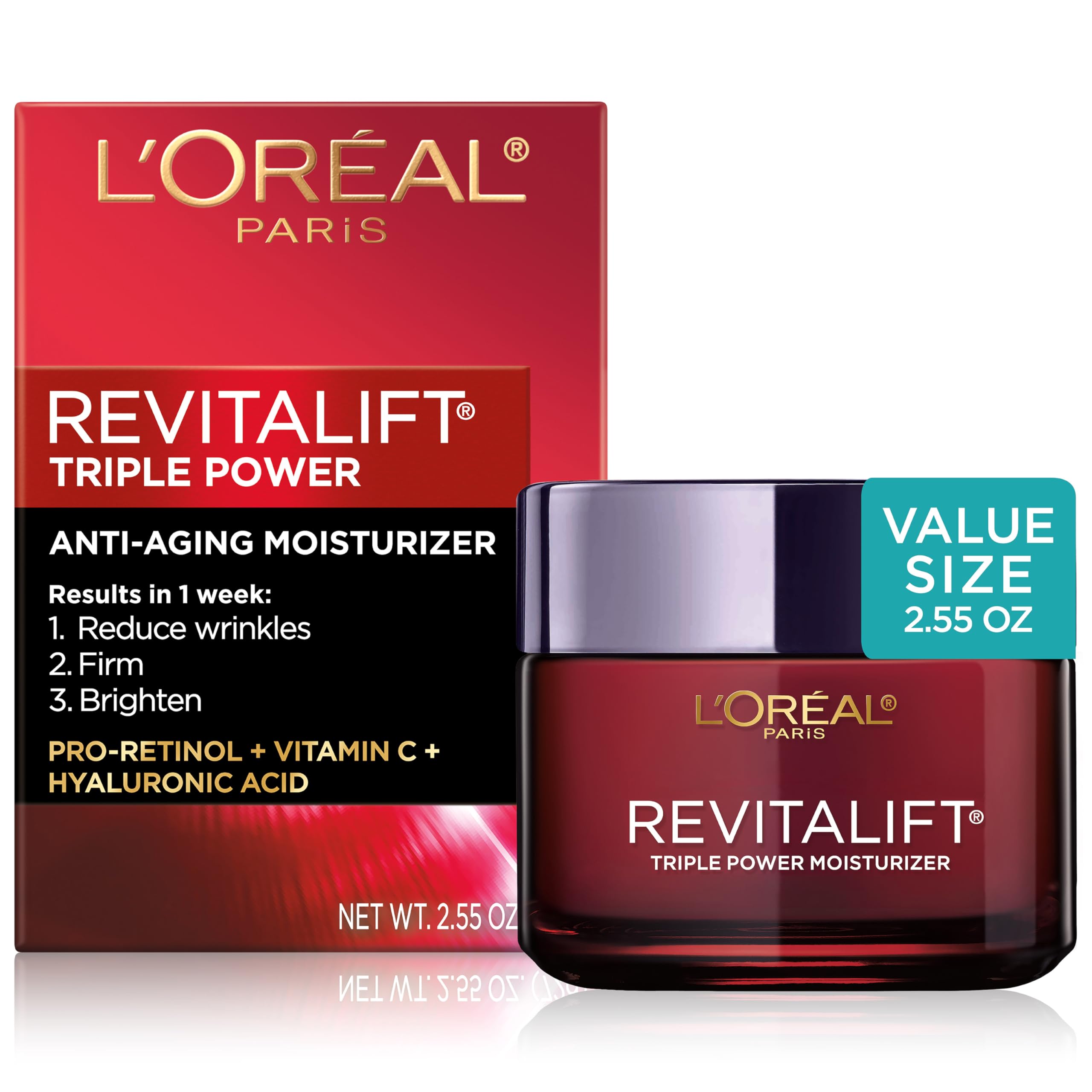 Loreal Paris Revitalift Triple Power anti aging face moisturizer with pro retinol hyaluronic acid and vitamin C 2.55 oz