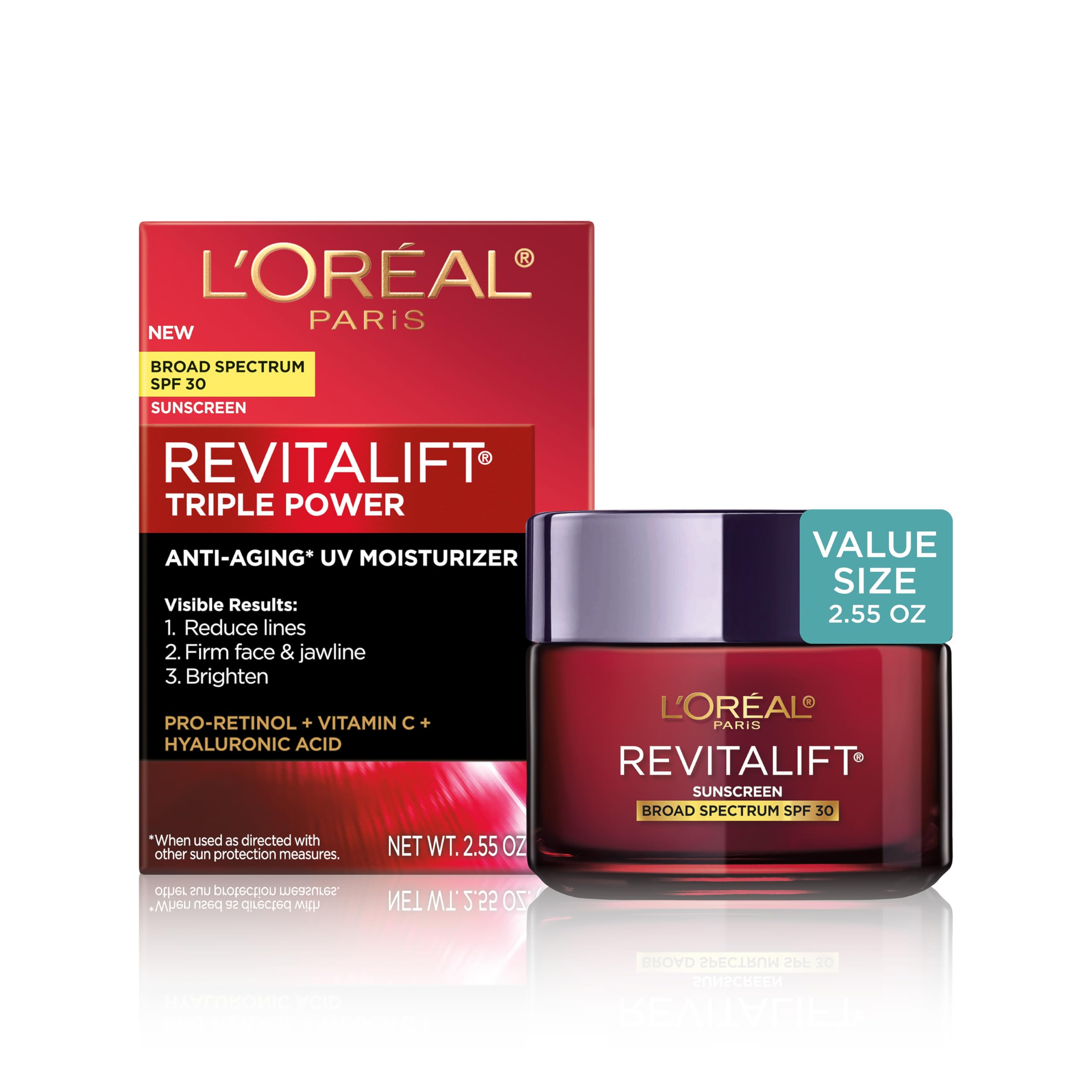 Loreal Paris Revitalift Triple Power anti aging face and neck moisturizer with SPF 30 pro retinol hyaluronic acid vitamin C