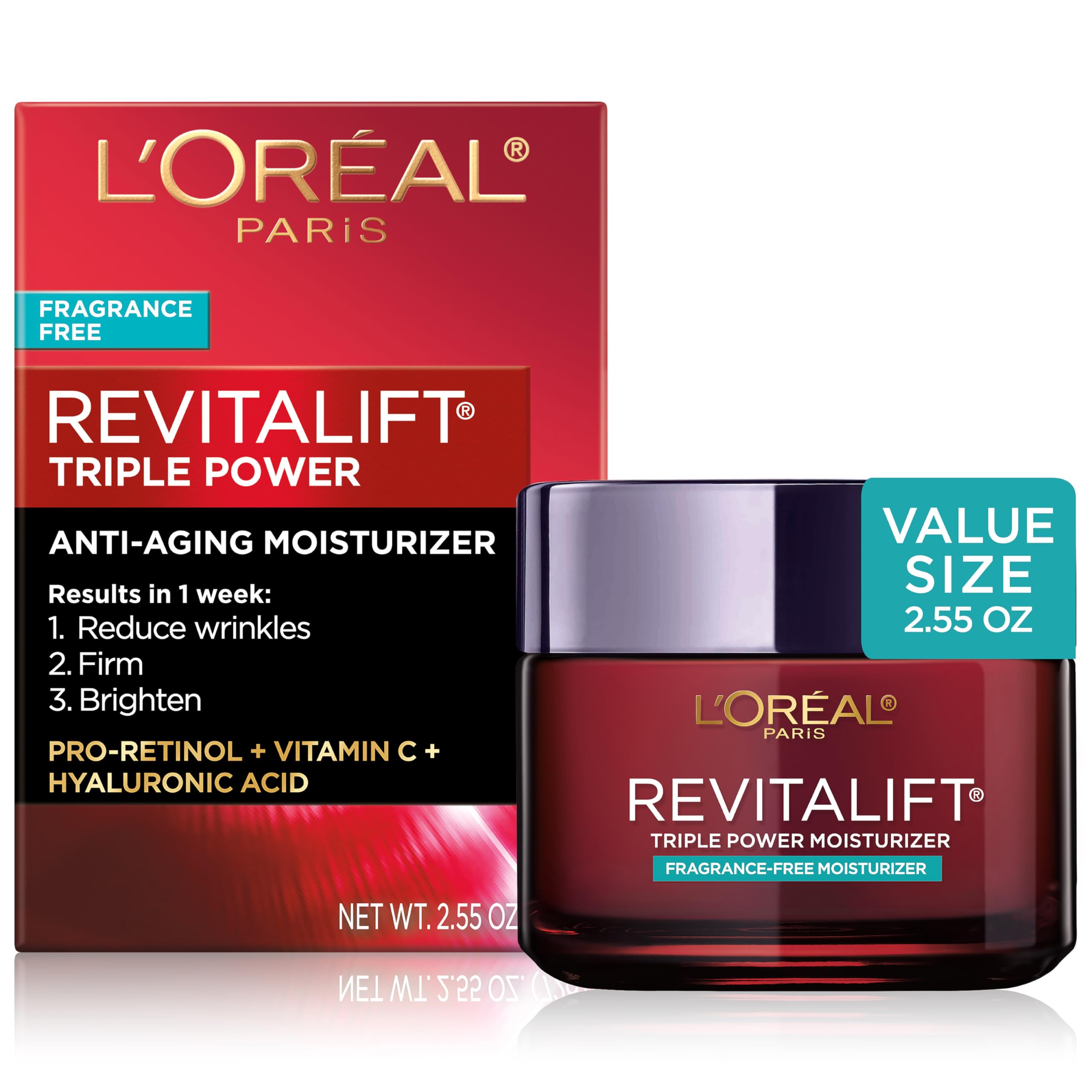 Loreal Paris Revitalift Triple Power fragrance free anti aging moisturizer with pro retinol hyaluronic acid vitamin C 2.55 oz