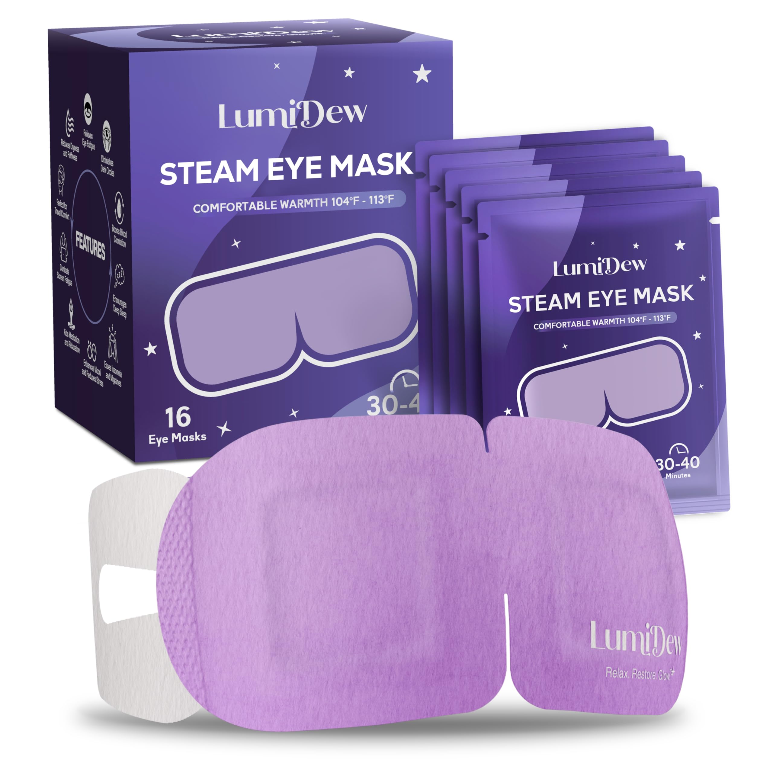 LumiDew self heating steam eye mask warm compress for dry eye relief and sleep relaxation unscented 16 pack