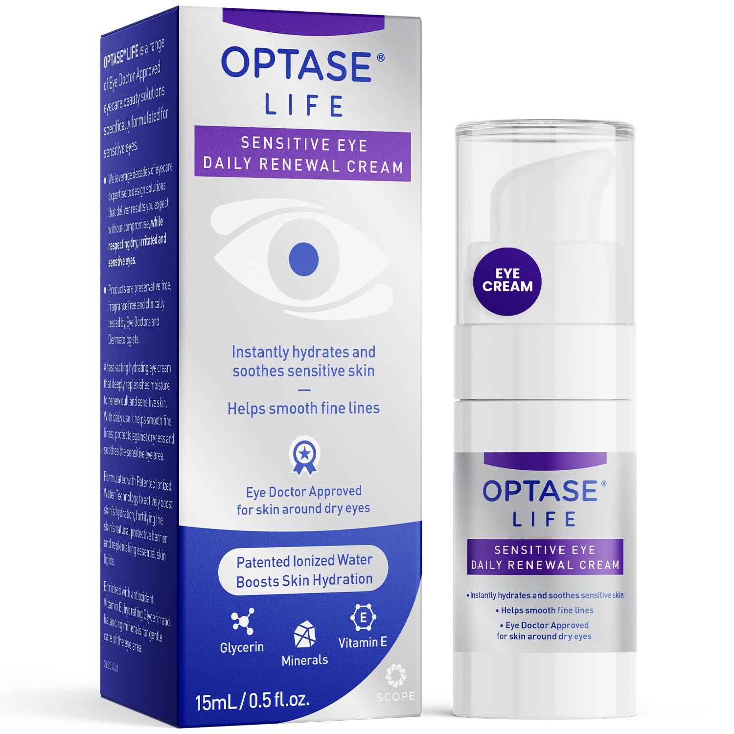 Optase LIFE Sensitive Eye Daily Renewal Cream 15ml pump bottle for sensitive and dry eyes.