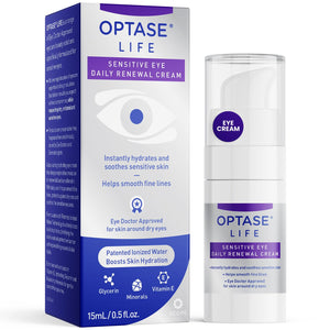 Optase LIFE Sensitive Eye Daily Renewal Cream 15ml pump bottle for sensitive and dry eyes.