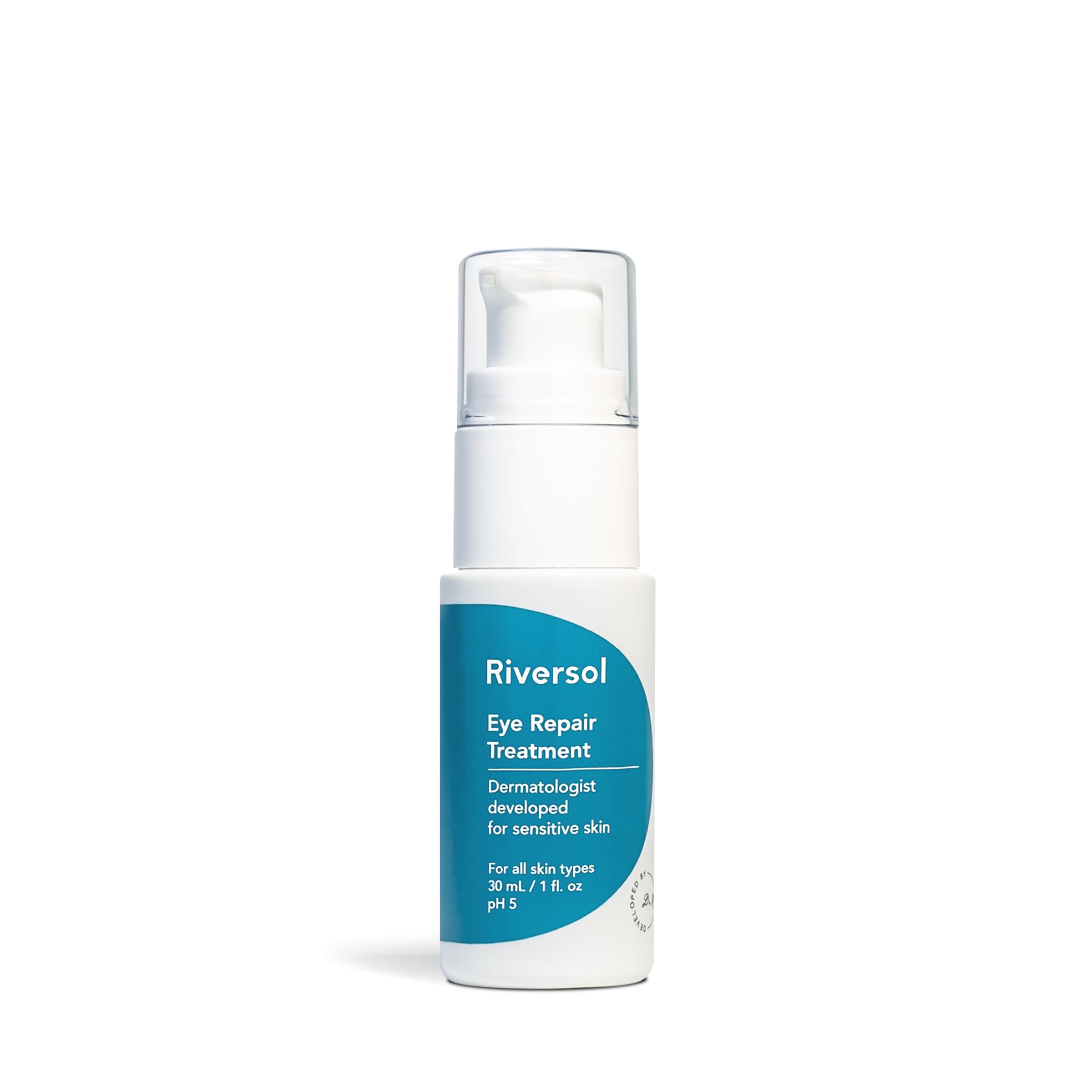 Riversol Dark Circle & Puffy Eye Cream bottle, showing the dermatologist-developed formula designed for sensitive skin anti-aging.