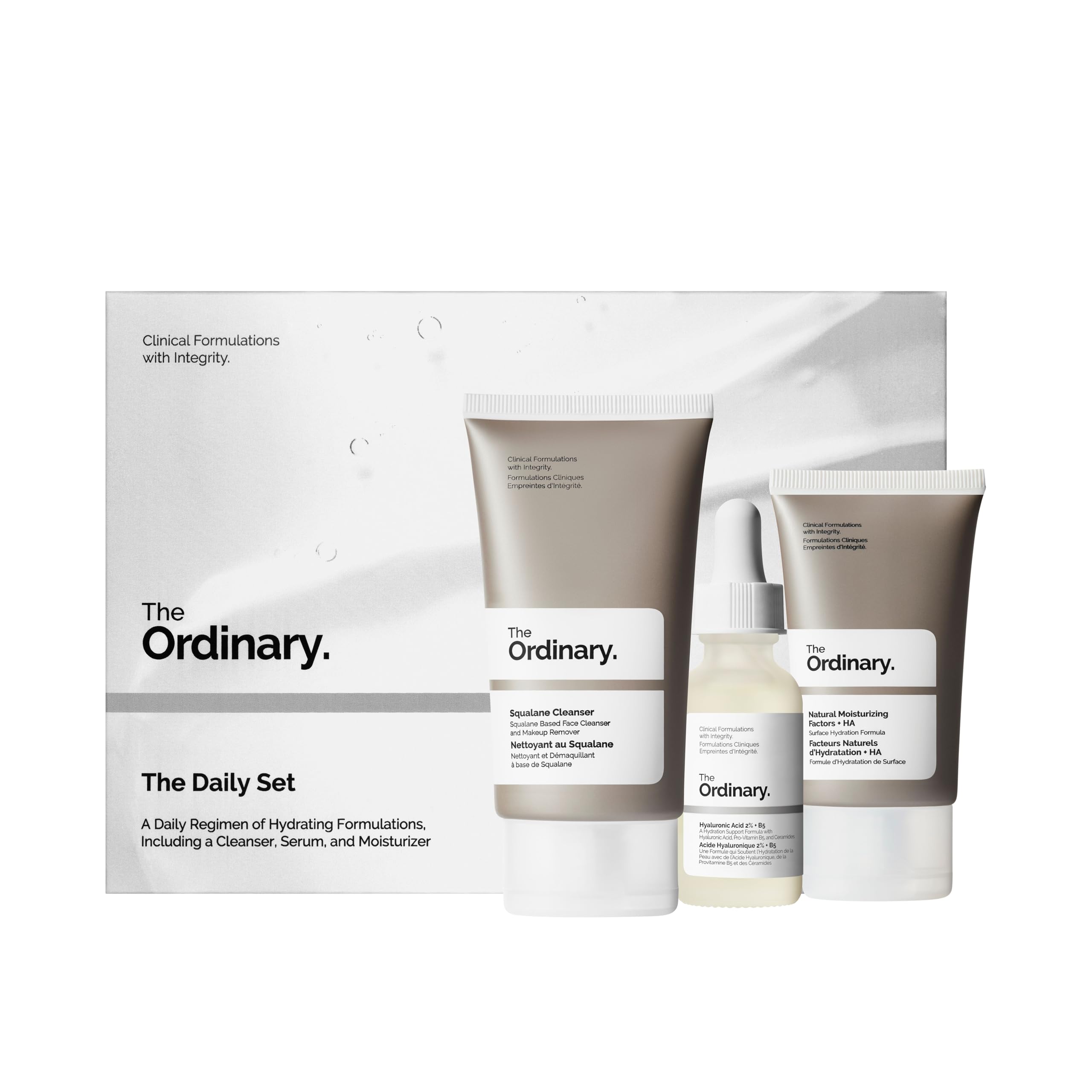 The Ordinary The Daily Set packaging featuring Squalane Cleanser, Hyaluronic Acid 2% + B5, and Natural Moisturizing Factors + HA.